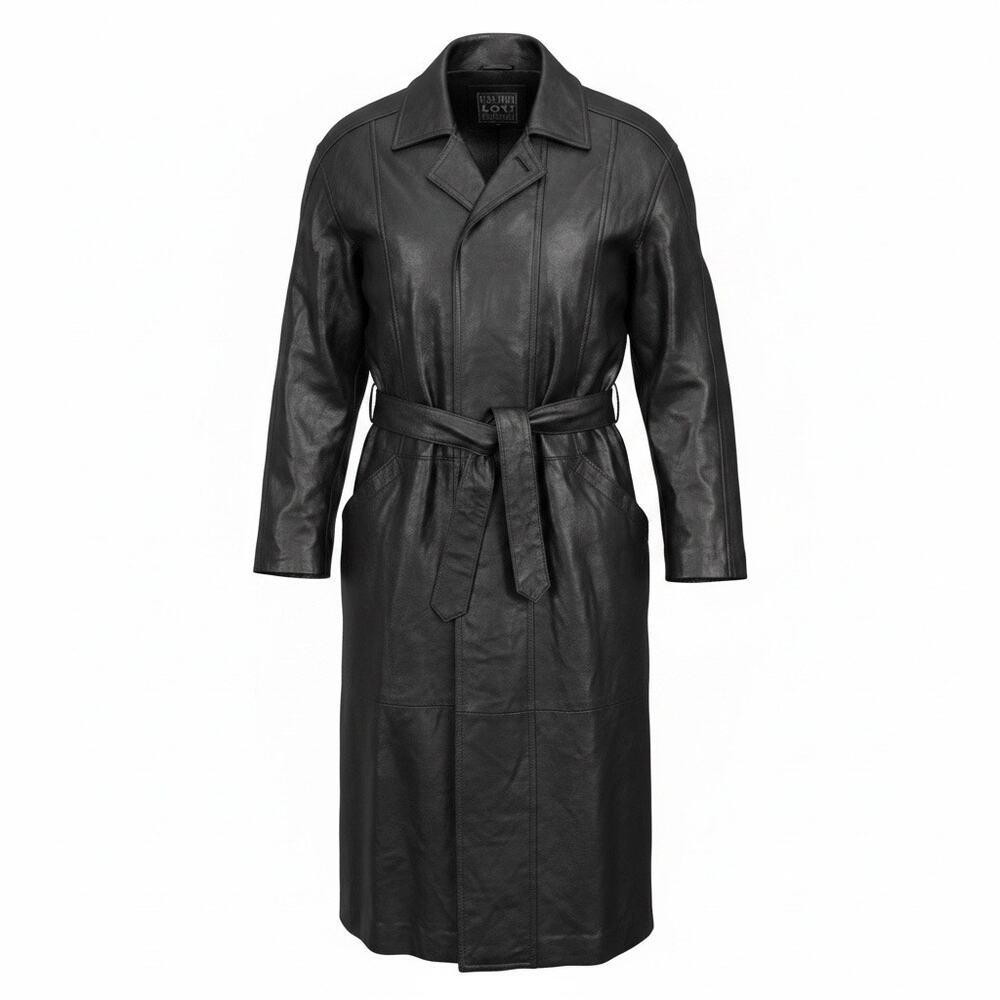VTG IOU Leather Trench Coat Black Duster Jacket Women’s Large Edgy Career